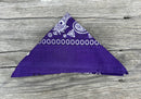 Purple bandana with a classic white paisley pattern. 