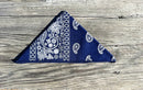 Navy blue bandana with a classic white paisley pattern.