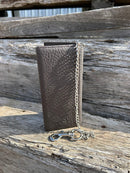 Black pebbled leather tall wallet with silver chain on a swivel. Rear view