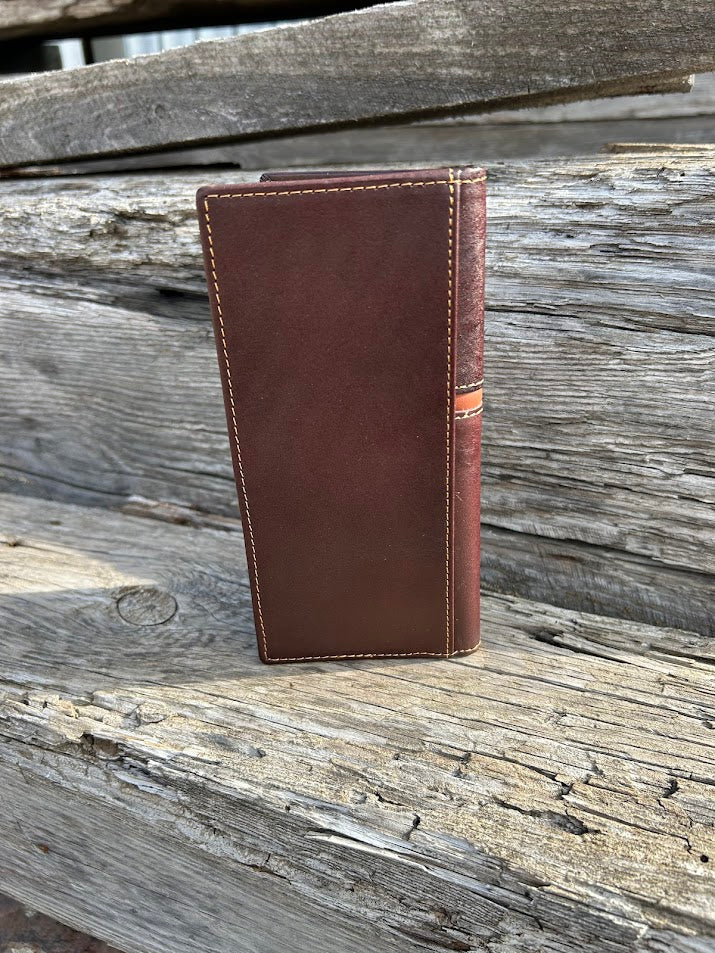 Coffee Brown leather tall wallet with an embossed praying cowboy design on top, and the bottom is basket weave featuring three inlay cowhide crosses. Rear View