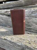 Coffee Brown leather tall wallet with an embossed praying cowboy design on top, and the bottom is basket weave featuring three inlay cowhide crosses. Rear View