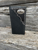Black basketweave leather checkbook wallet with silver  Praying Cowboy concho on cowhide. Front View