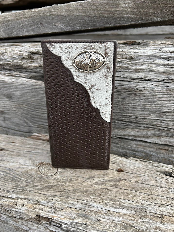 Coffee Brown basketweave leather checkbook wallet with cowhide inlay and Bull Rider Concho. Front View