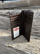 Coffee Brown alligator print leather checkbook wallet with cowhide inlay and Bull Rider Concho. Inside view showing ID window, multiple card slots, and a checkbook holder. 