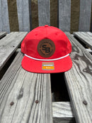Southern Bred Apparel Co Caramel Leather Logo Patch Richardson 256 5 Panel Nylon Grandpa Snap Back Red/White