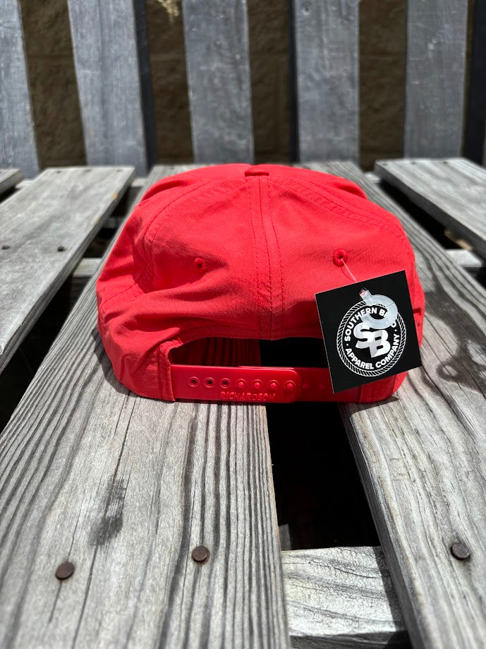 Southern Bred Apparel Co Caramel Leather Logo Patch Richardson 256 5 Panel Nylon Grandpa Snap Back Red/White