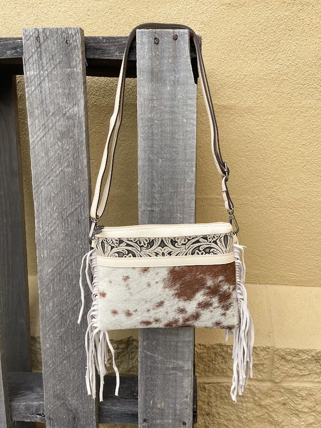 Top Notch Accessories 3064BG Beige Cowhide Small Crossbody with Fringe