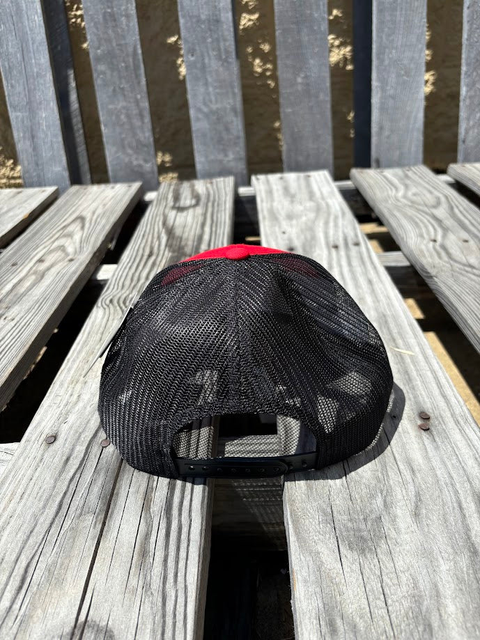 A Red and Black snapback cap with a embroidered praying cowboy design on the front. Rear View