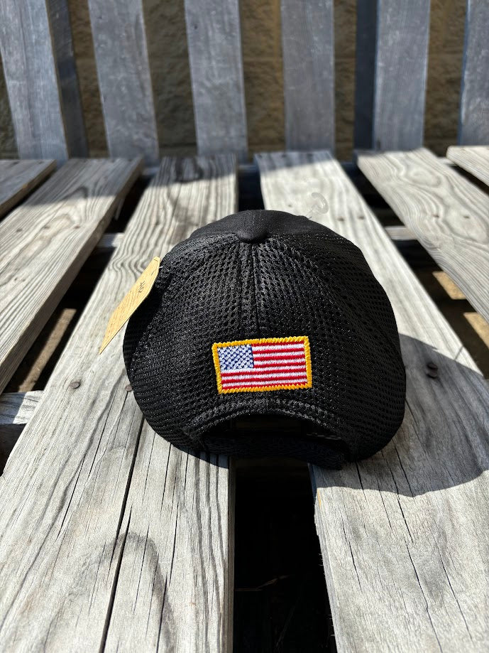 A Back mesh back cap with an American flag patch on the front. Rear view showing American Flag Patch. 