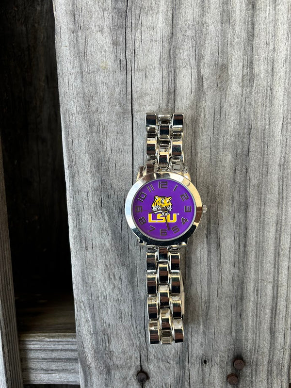 Louisiana State University Large Face with Metal Band Watch