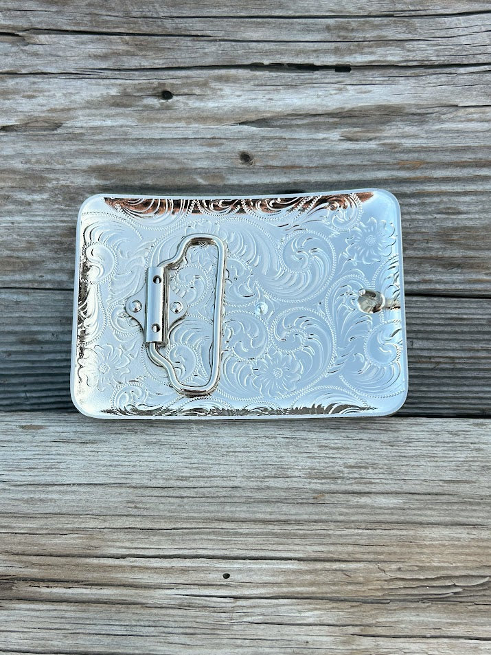 This buckle features a Gold Horse design on a Silver background. Rear View