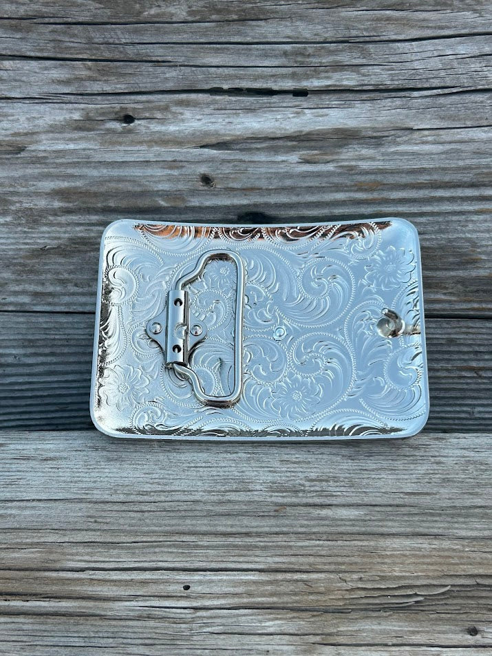 This buckle features a Gold Longhorn design on a Silver background. Rear View