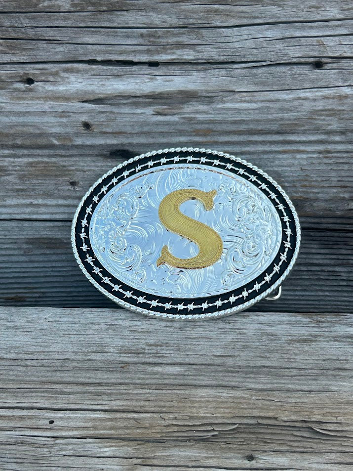 Matte Black and Silver oval shaped belt buckle with Gold initial. Initial S