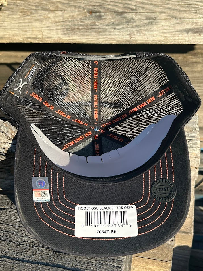 Hooey x Oklahoma State University Cowboys Black 6 panel snapback trucker cap with mesh back. Features a Cowboys patch on front and a small Hooey logo on side. Inside view 