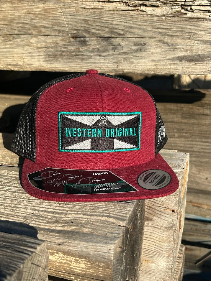 Hooey Maroon trucker hat with 'Western Original' patch. Front View 