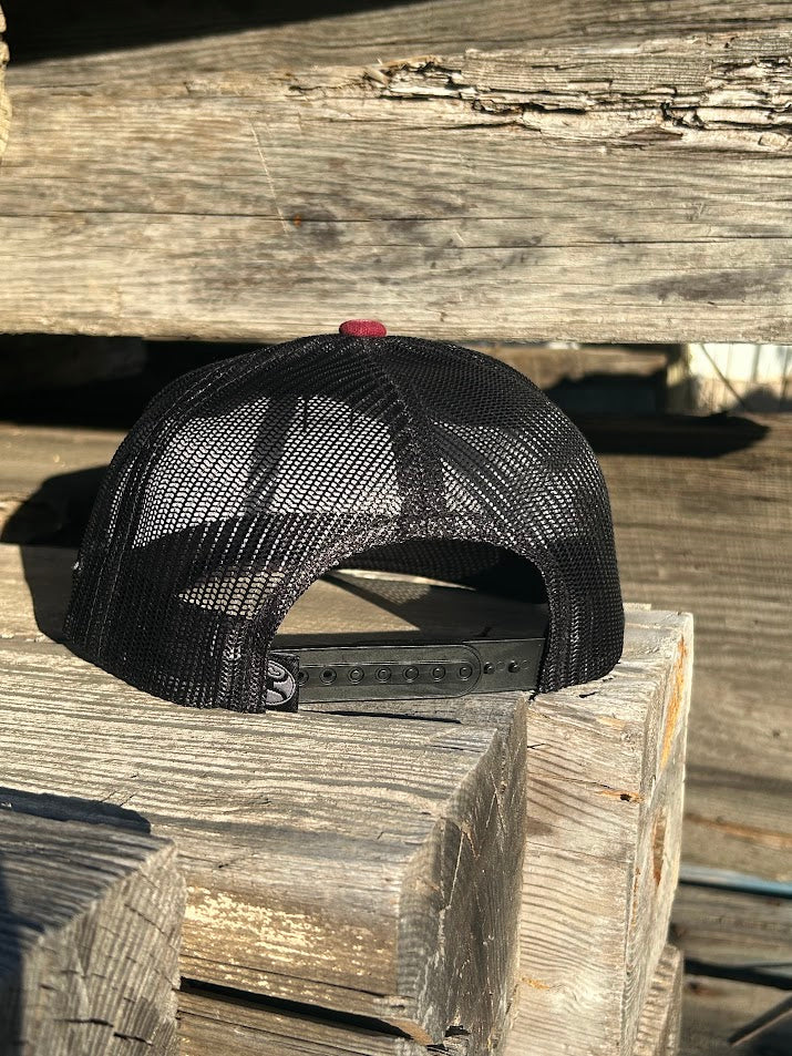 Hooey Maroon trucker hat with 'Western Original' patch.  Rear view showing black mesh back and Hooey logo tag on side of the snapback. 