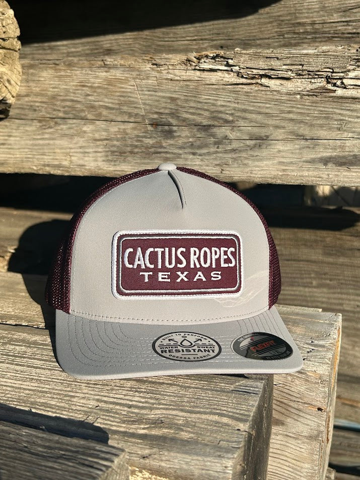 Hooey Gray and maroon trucker hat with 'Cactus Ropes Texas' patch. Front View 
