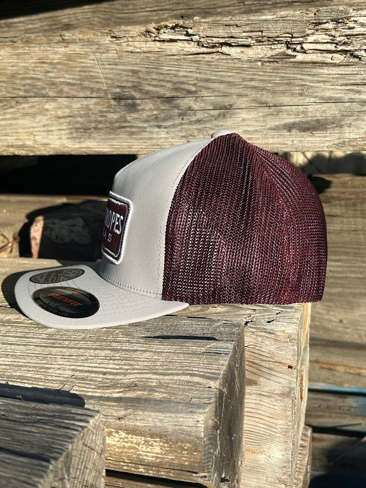 Hooey Gray and maroon trucker hat with 'Cactus Ropes Texas' patch. Side View 