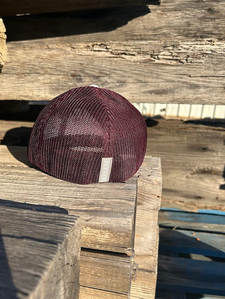 Hooey Gray and maroon trucker hat with 'Cactus Ropes Texas' patch. Rear view showing Maroon mesh back and Grey vertical Hooey patch. 