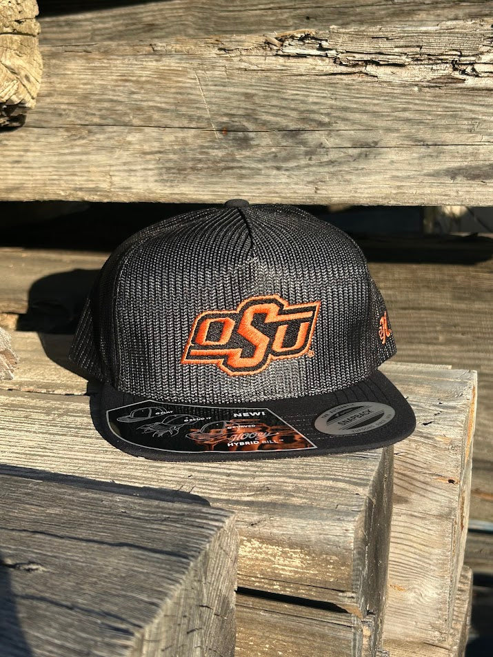 Oklahoma State University Hooey snapback trucker cap. Solid black, mesh back with OSU embroidery. Full front view 