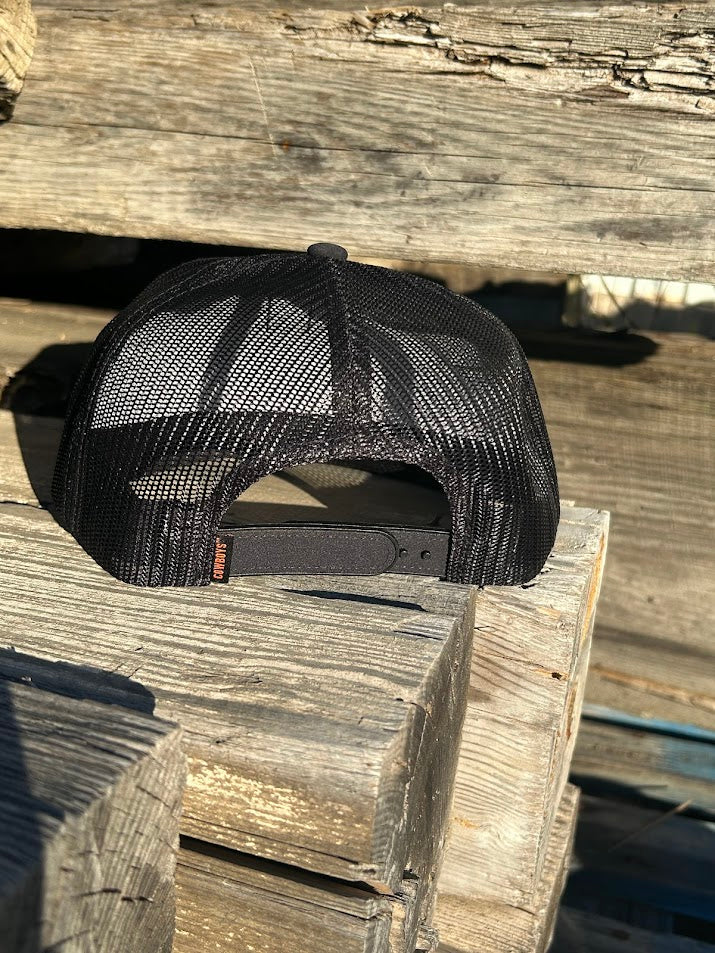 Oklahoma State University Hooey snapback trucker cap. Solid black, mesh back with OSU embroidery. Rear view