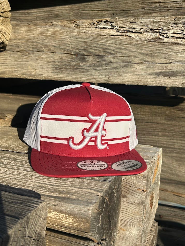 Hooey x University of Alabama A logo Crimson and White snapback trucker cap. Embroidered A logo on front, small H logo on side, white mesh back with red snapback trimmed in white with small Alabama tag. Front View