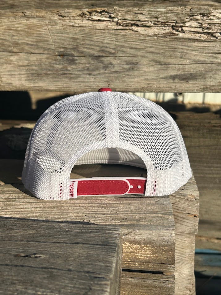 Hooey x University of Alabama A logo Crimson and White snapback trucker cap. Embroidered A logo on front, small H logo on side, white mesh back with red snapback with small Alabama tag. Rear View