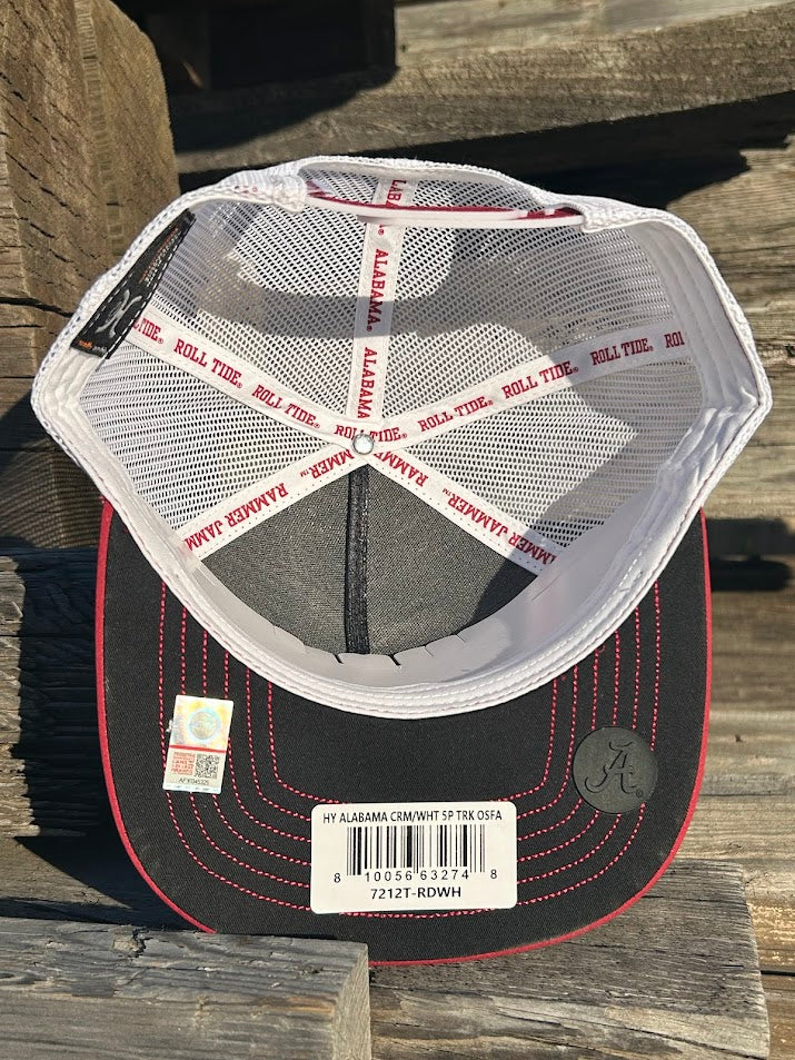 Hooey x University of Alabama A logo Crimson and White snapback trucker cap. Embroidered A logo on front, small H logo on side, white mesh back with red snapback with small Alabama tag. Inside view showing seam tape with Roll Tide and Rammer Jammer along with A logo seal on bill. 
