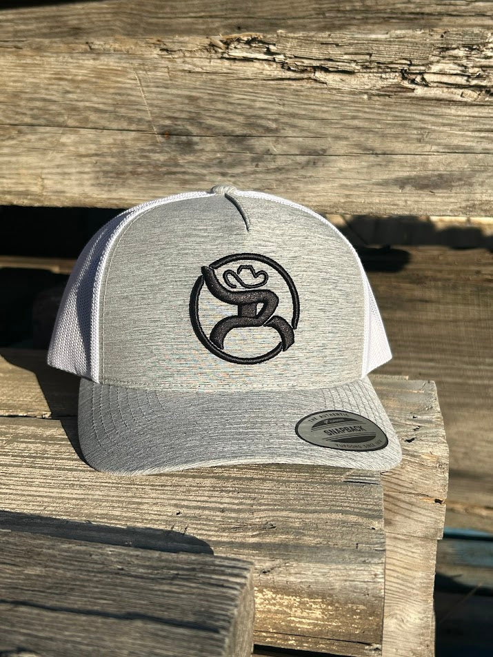 Hooey grey snapback trucker cap with a white mesh back and a black Roughy logo on the front. Front View 