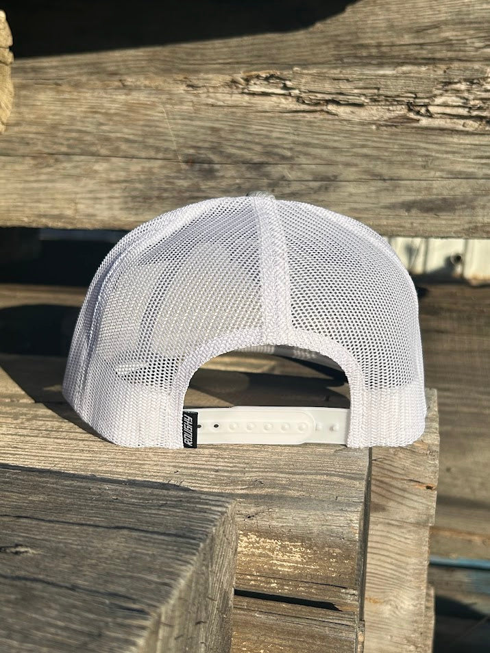 Hooey grey snapback trucker cap with a white mesh back and a black Roughy logo on the front. Rear View
