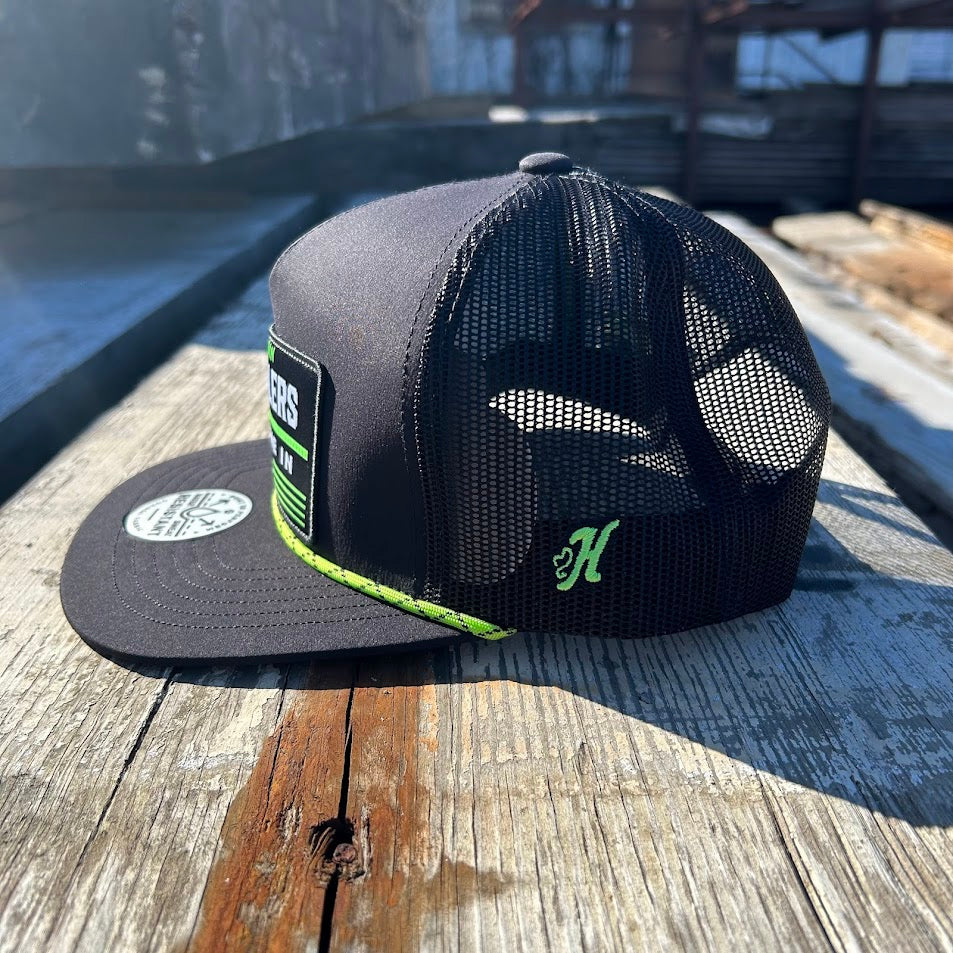 Hooey x Austin Gamblers black and neon green snapback cap. Austin Gamblers Deal Me In patch with neon green and black rope on front. Side View showing H logo in neon green. 