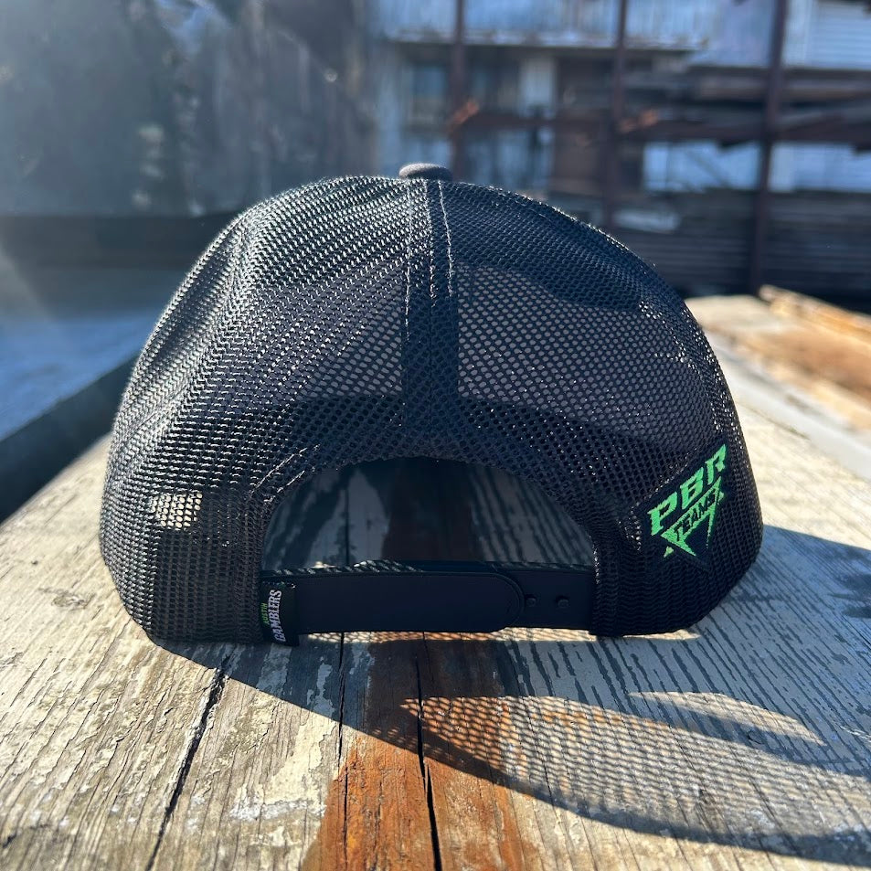 Hooey x Austin Gamblers black and neon green snapback cap. Austin Gamblers Deal Me In patch with neon green and black rope on front.  Rear view showing black mesh back with small Austin Gamblers tag on side of snapback and a PBR Teams logo on other side. 