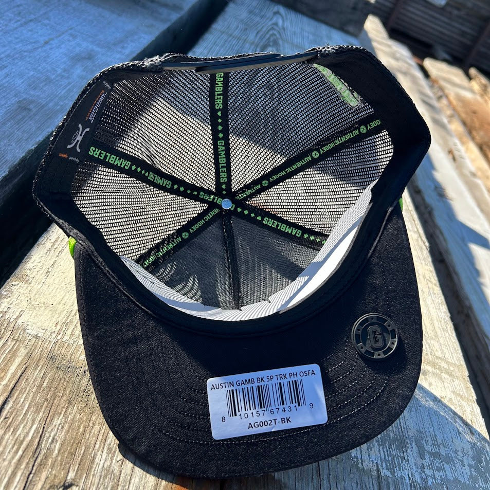 Hooey x Austin Gamblers black and neon green snapback cap. Austin Gamblers Deal Me In patch with neon green and black rope on front.  Inside view