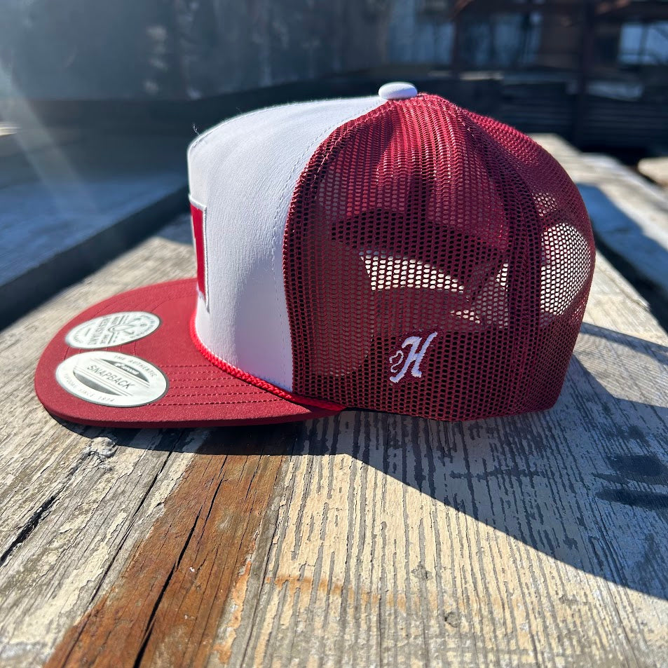 Red and white snapback cap with Oklahoma state outline and OU logo patch. Side View 