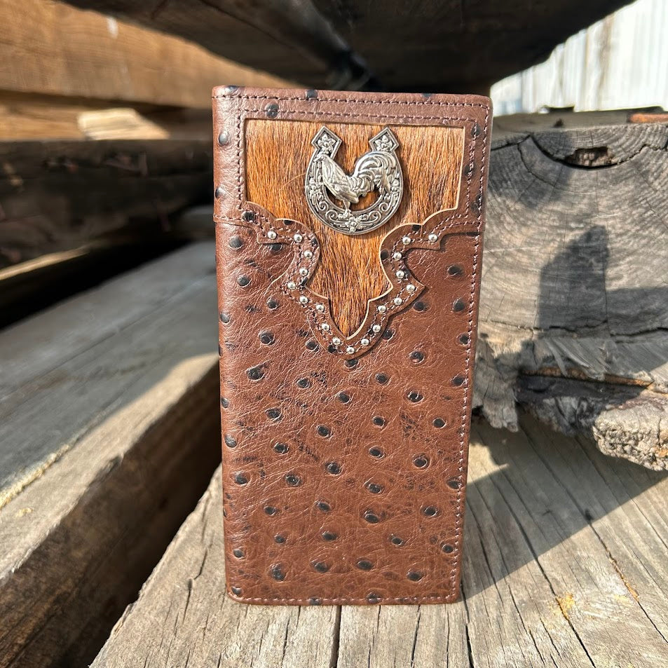 Rooster Concho on a cowhide inlay brown ostrich print  leather checkbook wallet. Front View