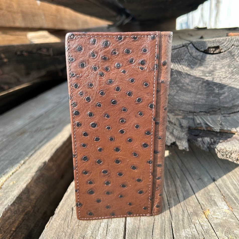 Rooster Concho on a cowhide inlay brown ostrich print  leather checkbook wallet. Rear view showing extra cash slot. 