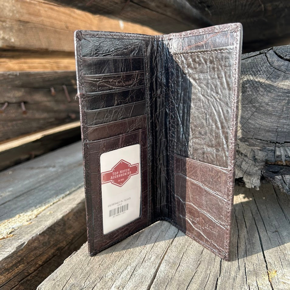 Coffee Brown alligator print checkbook wallet with a Longhorn Concho on a cowhide inlay. Inside View