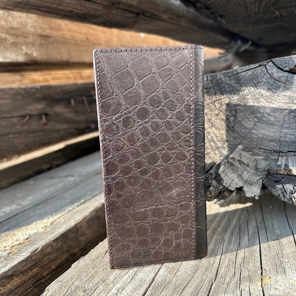 Top Notch Accessories Coffee Brown Alligator Print Leather Checkbook Wallet with Longhorn Concho