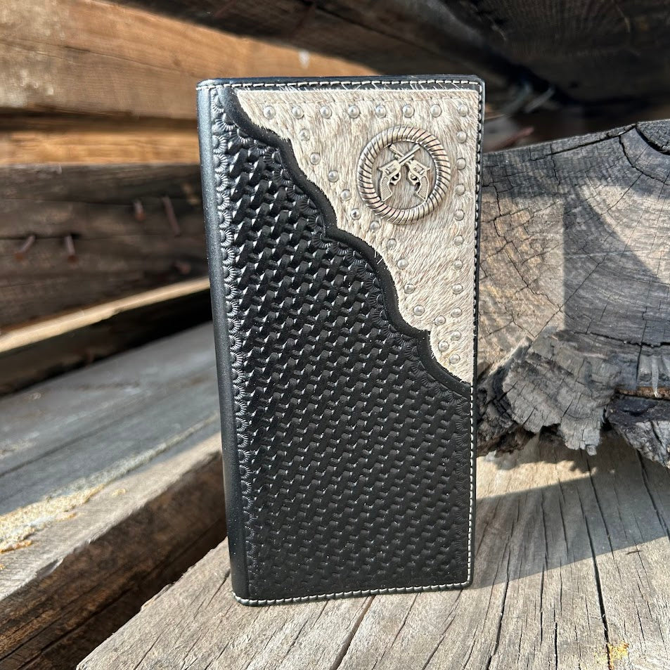 This tall Black basketweave leather wallet features a cowhide corner with a silver pistols Concho. Front View B 