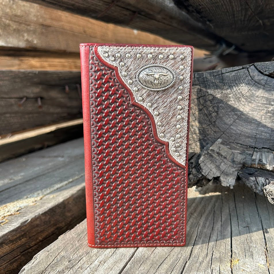 Coffee Brown basketweave leather tall wallet with hair-on corner featuring a Longhorn Concho. Front View A