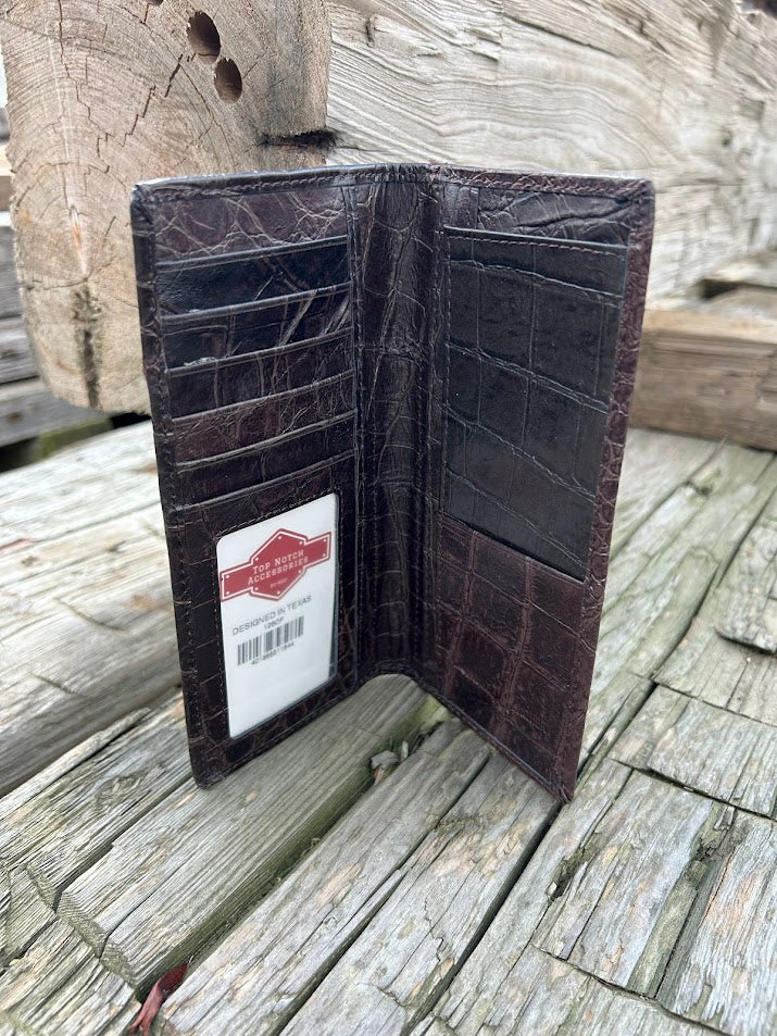 Coffee brown alligator print leather checkbook wallet with a Bull Rider Concho on a cowhide inlay. Inside View