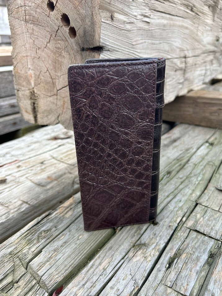 Coffee brown alligator print leather checkbook wallet with a Bull Rider Concho on a cowhide inlay. Rear View