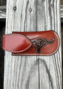 This Brown leather knife sheath from Top Notch Accessories features a embossed Longhorn design and a keep closure. Front View