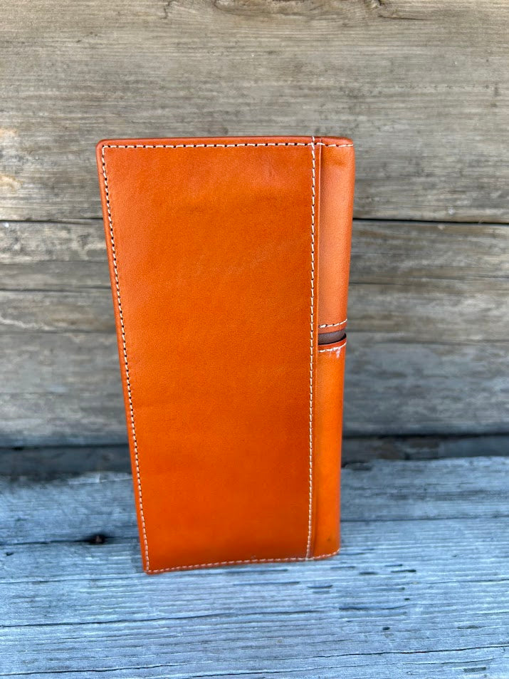 Top Notch Accessories Embossed Praying Cowboy Design Basketweave Light Brown Leather Tall Wallet with 3 Cowhide Inlay Crosses