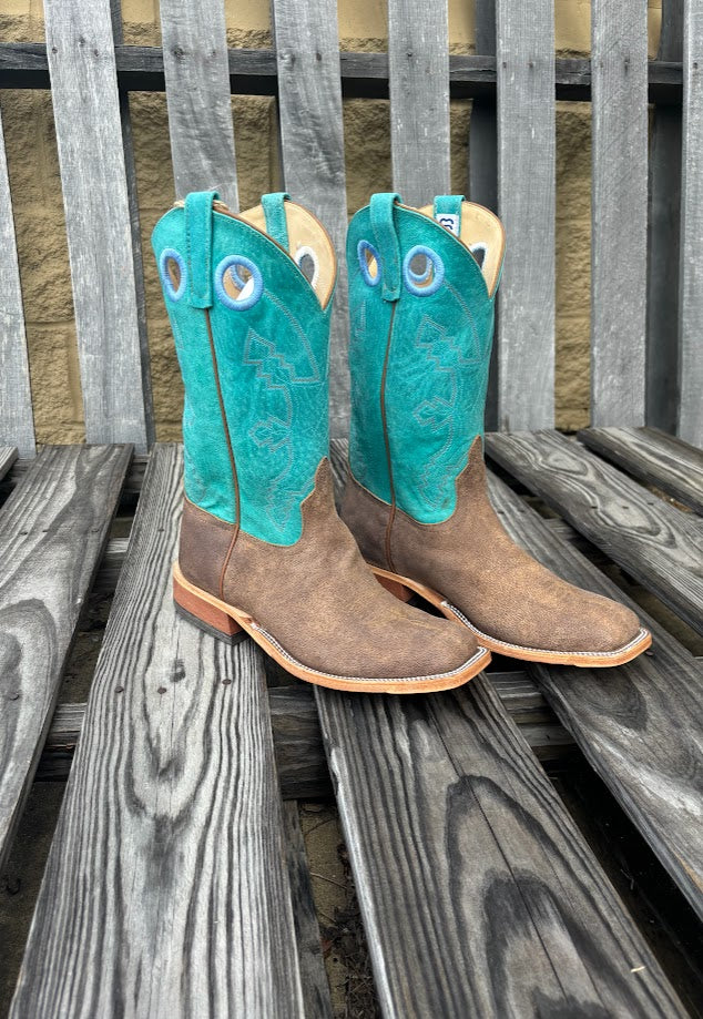 Anderson Bean men's western boots with Eastwood camel vamp and turquoise top, featuring a square toe and white double row stitch.