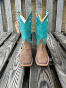 Anderson Bean men's western boots with Eastwood camel vamp and turquoise top, featuring a square toe and white double row stitch. Front view