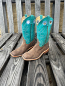 Anderson Bean men's western boots with Eastwood camel vamp and turquoise top, featuring a square toe and white double row stitch. Side view showing piping, pull holes, and pull straps. 