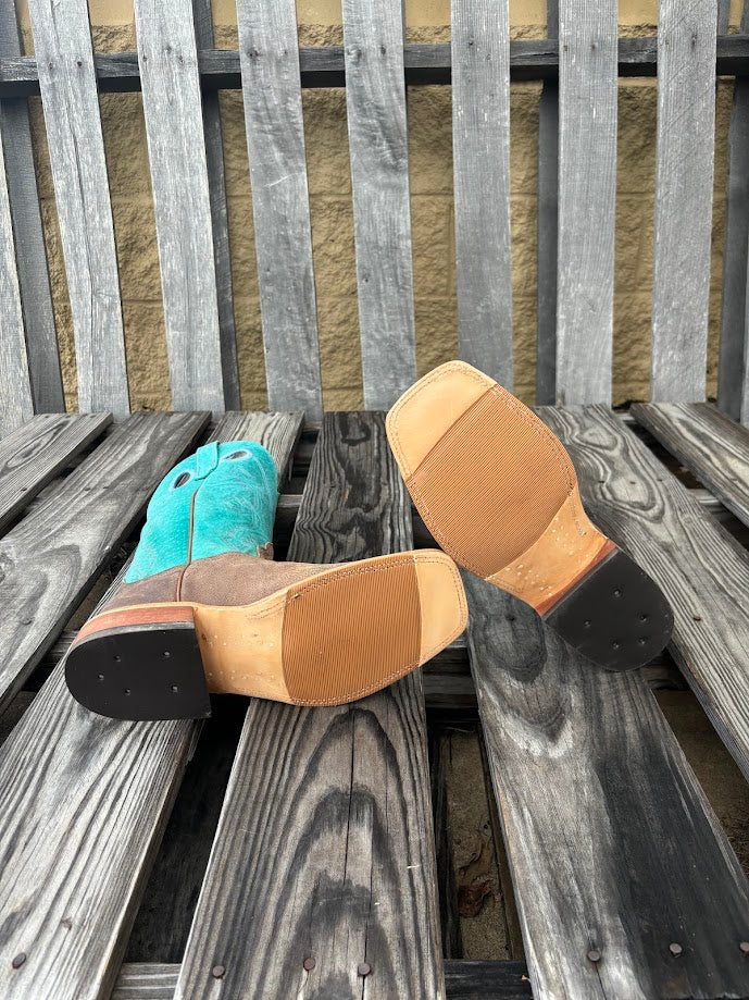 Anderson Bean men's western boots with Eastwood camel vamp and turquoise top, featuring a square toe and white double row stitch. Bottom view showing hybrid outsole.