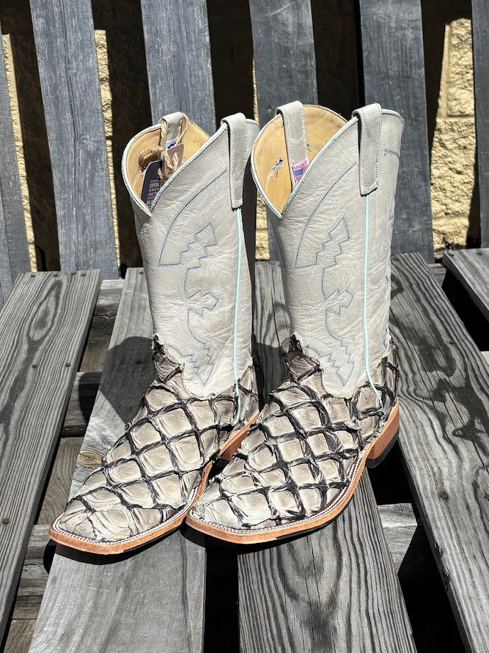 Men's Anderson Bean Stone Cold Big Bass square toe cowboy boots with a 12"  Polar Buffamonte shaft.  Side view showing contrast piping. 