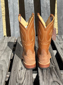 Men's Anderson Bean square toe cowboy boots in Peanut Poseidon goat with tan goat 12" shafts. Rear View
